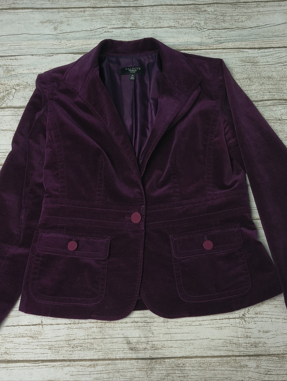 Talbots Womens Jacket Burgundy Velour Buttons Pockets Lined Stretch Size 8p
